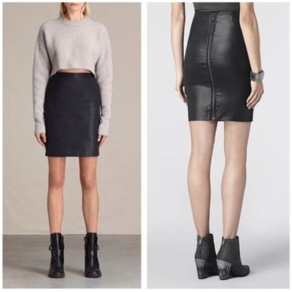 AllSaints Black Coated Denim Pencil Skirt US 6 High Rise Bodycon Slim Fit EUC - Picture 12 of 16